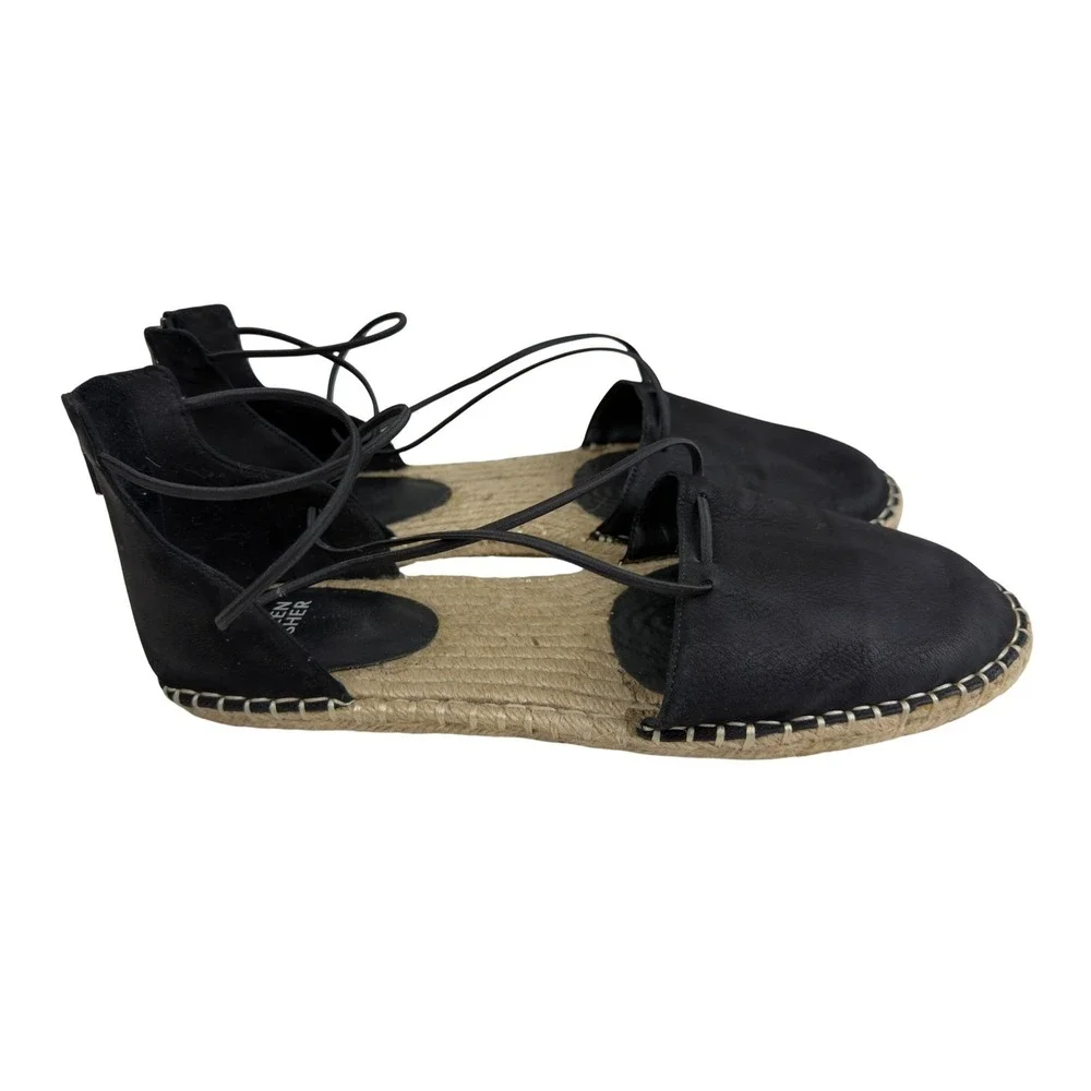 Eileen Fisher Black Leather Lace Up Espadrille Sandals Ankle Wrap Size 11